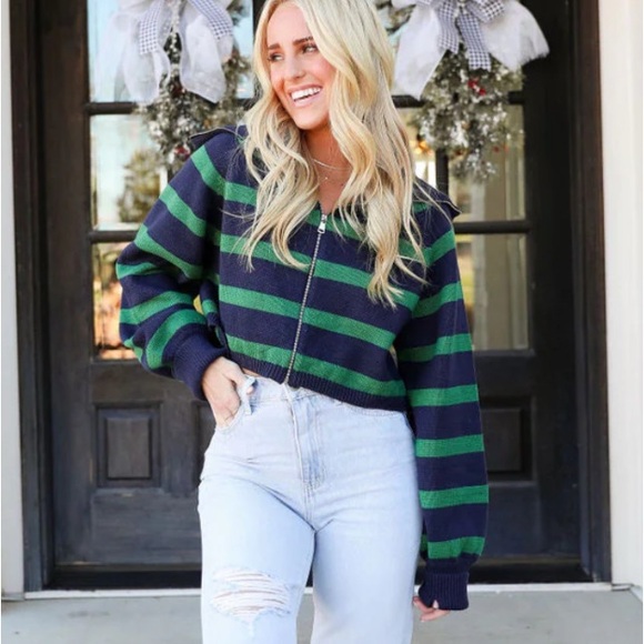 Bailey Rose Sweaters - Striped Green and Navy Sweater